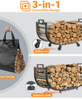 Heavy Duty Outdoor Firewood Rack 32 Inch Log Holder With Rustproof Tubular Steel Construction High Capacity Rock Solid Firewood Stand For Patio Backyard Fireplace And Tool Organization, showing a 3-in-1 convertible design with rolling cart, stationary rack, and carrier tote bag.