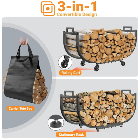 Heavy Duty Outdoor Firewood Rack 32 Inch Log Holder With Rustproof Tubular Steel Construction High Capacity Rock Solid Firewood Stand For Patio Backyard Fireplace And Tool Organization, showing a 3-in-1 convertible design with rolling cart, stationary rack, and carrier tote bag.