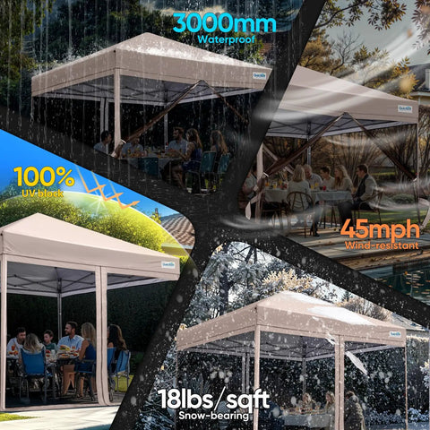 10x10 Pop Up Screened Canopy Tent With Mosquito Netting, waterproof and UV-resistant, shown in various outdoor settings
