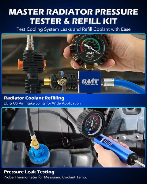 Workhorse 33 Piece Coolant Pressure Tester Kit Featuring Master Vacuum Refill Pump And 23 Adapters, showing gauge for pressure testing.