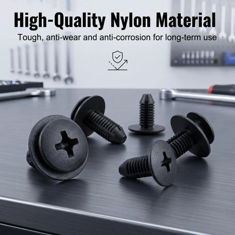 100 Piece Car Rivets Fasteners Kit With 6.3mm 8mm 9mm 10mm Multi Size Bumper Retainer Clips, Heavy Duty Plastic Auto Fastener Set For Cars And Trucks, Black nylon car rivets on workbench