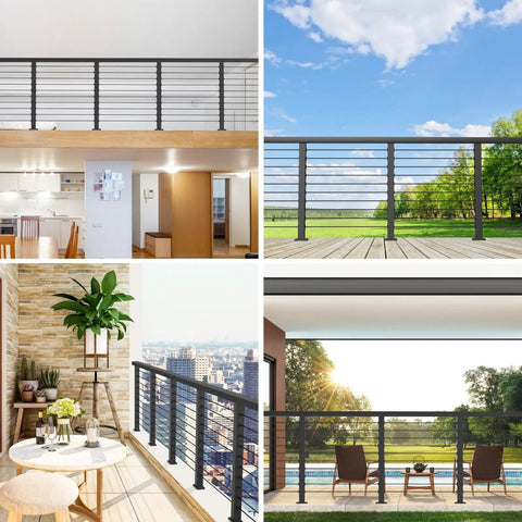 Surface Mount Cable Railing Kit With Black T316 Stainless Steel Rope Flat Top Posts And Swageless Fittings for stylish deck views.