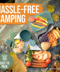 All In One 4 Person Camping Mess Kit With 14 Piece Dinnerware Set, Cups, Bowls, Utensils next to colorful picnic food on a rock surface