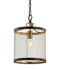 10-Inch Black And Brass Gold 1-Light Iron Pendant Lantern, Modern Drum Hanging Light with mesh detail, LED Bulb Included