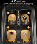 Interior view showing Car USB C Fast Charger With Retractable Cables 4 In 1 Cigarette Lighter Adapter in use charging four devices.