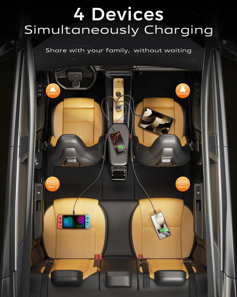 Interior view showing Car USB C Fast Charger With Retractable Cables 4 In 1 Cigarette Lighter Adapter in use charging four devices.