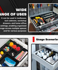 69 Piece Tool Box Organizer Tray Divider Set For Drawer Organization And Workbench Storage With Interlocking Plastic Dividers In Five Sizes XS S M L XL displaying various tools and items organized in drawers and toolboxes.