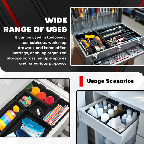 69 Piece Tool Box Organizer Tray Divider Set For Drawer Organization And Workbench Storage With Interlocking Plastic Dividers In Five Sizes XS S M L XL displaying various tools and items organized in drawers and toolboxes.