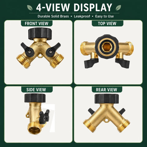 Heavy Duty Garden Hose Splitter 2 Way Brass Y Splitter With 2 Valves And 2 Extra Rubber Washers Solid Brass Water Splitter For Dual Watering Easy On Off Controls Durable Industrial Grade, 4-view display