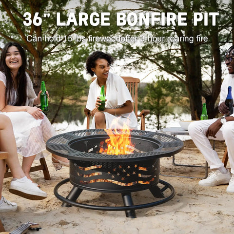 Group enjoying 36 Inch Fire Pit With Dual Cooking Grates And Lid For Backyard Grilling And Chill Sessions Outdoor Wood Burning Tabletop Style Pit Steel Round Bonfire Pit With Cover In Black
