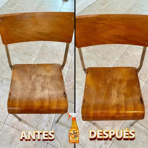 Before and after view of a wooden chair polished with real orange oil, showcasing restoration and shine. Keep Your Wood Looking Crisp And Protected With This Real Orange Oil Polish That Hits Different On Tables And Cabinets Delivering A Smooth Dime Shine While Blocking Daily Wear And Tear For Sure.