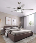 52 Inch Brushed Nickel Ceiling Fan With Light And Remote Quiet Reversible Motor Stainless Steel Blades Dimmable LED Light Kit