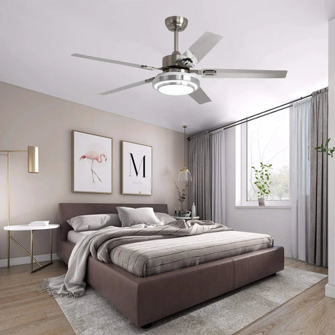 52 Inch Brushed Nickel Ceiling Fan With Light And Remote Quiet Reversible Motor Stainless Steel Blades Dimmable LED Light Kit