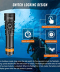 Underwater Video Light 2300 Lumens For Dive Photography Tri Color White Red Violet UV 120 Degree Wide Beam Fluorescent Night Diving Fill Light Waterproof Scuba Light with switch locking design illustration.