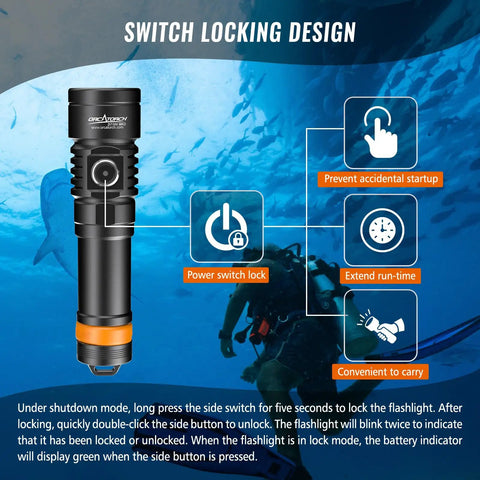 Underwater Video Light 2300 Lumens For Dive Photography Tri Color White Red Violet UV 120 Degree Wide Beam Fluorescent Night Diving Fill Light Waterproof Scuba Light with switch locking design illustration.