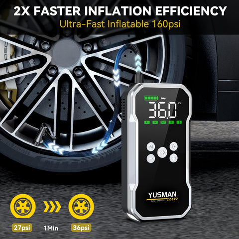 Beast 8000A Jump Starter With Air Compressor And 160 PSI inflates car tire with digital display on pavement