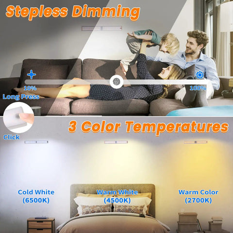 Wireless Motion Sensor Light Indoor 80 LED Dimmable Closet Lights USB Rechargeable Under Cabinet Lighting Magnetic Stick On Under Counter Lights For Kitchen Wardrobe 3 Pack showcasing color temperatures and dimming functionality
