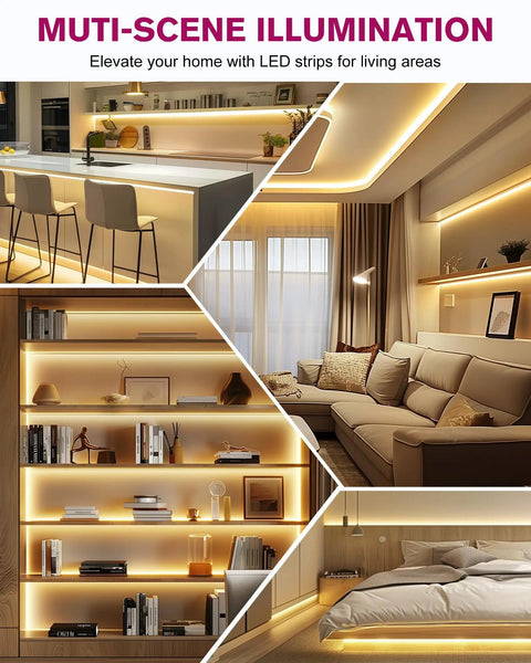 Warm White 3000K LED Strip Lights 32.8 Ft 24V Tape Light With Crazy Bright 240 Lumens Per Ft And 1200 LEDs Per Spool Ra 95 Plus IP30 installed in kitchen, bedroom, and living room accent lighting
