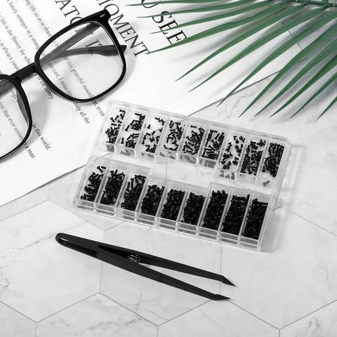 500 Piece Micro Screw Kit For Glasses And Electronics With Black Screws Included Screwdriver And Tweezers displayed on table
