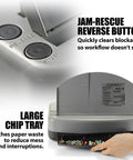 Electric Desktop 2 To 3 Hole Punch With 30 Sheet Capacity showing reverse button and large chip tray in gray and black finish