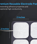 Close-up of Universal Compatibility TENS Unit Replacement Pads 2x2, showing adhesive surface and dimensions, 40 Pack, for pain relief.