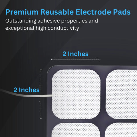 Close-up of Universal Compatibility TENS Unit Replacement Pads 2x2, showing adhesive surface and dimensions, 40 Pack, for pain relief.