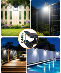No Sweat Clip On Solar Lights Outdoor, 600 Lumens Motion Sensor Fence And Railing Spots illuminating a wooden fence and deck.