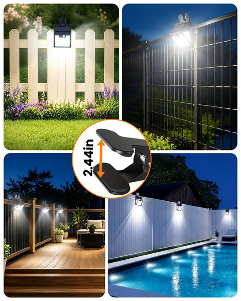No Sweat Clip On Solar Lights Outdoor, 600 Lumens Motion Sensor Fence And Railing Spots illuminating a wooden fence and deck.