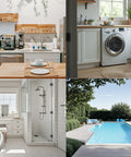 Collage of modern home scenes: kitchen, laundry room, bathroom, and backyard pool with lush greenery.