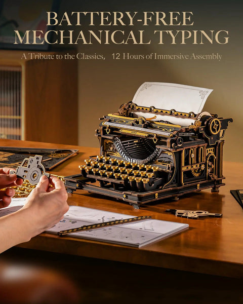 3D Wooden Puzzle for Adults Immersive 12 Hour Typewriter Model Kit on desk with assembly pieces and manual