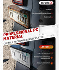 License Plate Protector 2 Pack Clear Shield For US And Canada Plates shown on vehicle before and after installation.