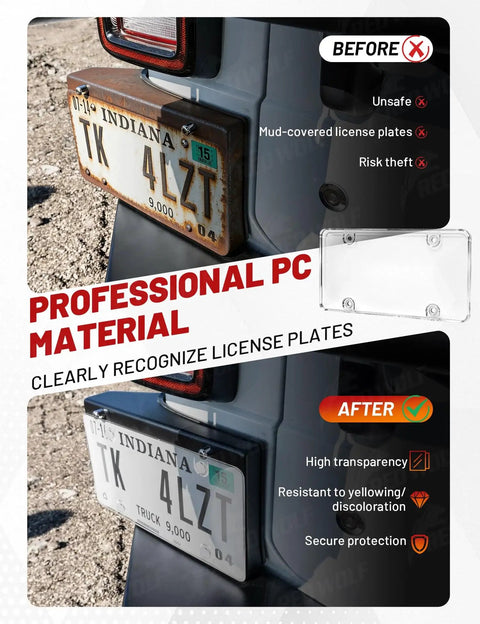 License Plate Protector 2 Pack Clear Shield For US And Canada Plates shown on vehicle before and after installation.
