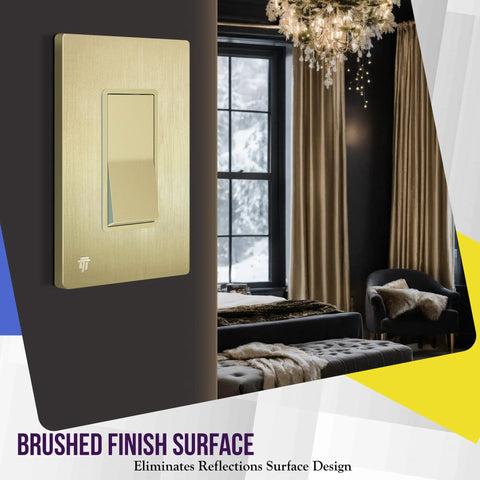 Elite Series Screwless Decorator Wall Plate In Brushed Gold 1 Gang 4.68 Inch H By 2.93 Inch L in modern room setting.
