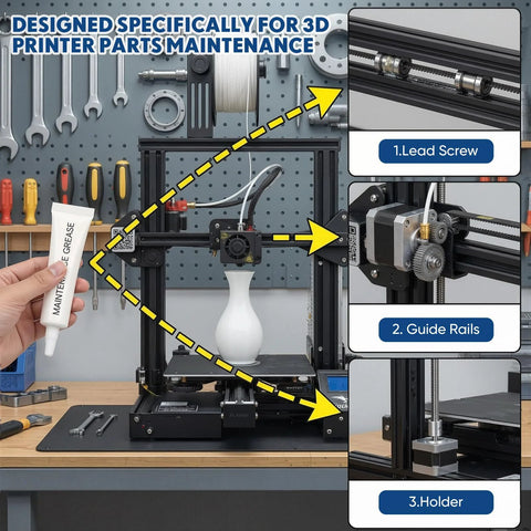 MTLEE 2-piece 3D printer gear grease tube held in hand beside a desktop 3D printer.