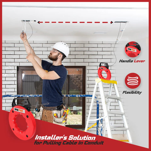 Electrician using Fish Tape Wire Puller 50ft With Double Loop Tip And Built-In Thumb Lock to route wire in ceiling conduit.