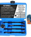 5Pcs Harmonic Balancer Installer Tool Set With Long Reach Crank Pulley Damper Puller Kit Pro Grade Includes Four Adapters Nut Bearing Assembly And Gloves Heavy Duty Underdrive Pulley Installer For Ford GM Dodge And Chrysler V8 And V6 Engines in blue case with detailed manual and gloves