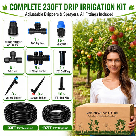 230 Feet Drip Irrigation Kit With Quick Push To Connect No Tool Setup Auto Garden Watering System Includes 33 Feet Of One Half Inch Tubing And 197 Feet Of One Quarter Inch Tubing For Raised Beds Lawns And Greenhouses.