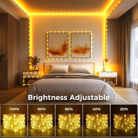 Color Changing Rope Lights Outdoor 33ft 100 LED String Lights With Plug And Remote Waterproof Twinkle Rope Light showcased in bedroom setup.