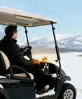 Man in golf cart using 6800 BTU Propane Golf Cart Heater 2 In 1 Outdoor Heater With Cup Holder Mount And Cylinder Base