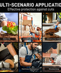 Multi-scenario use of cut-resistant gloves in gardening, unloading, construction, metal cutting, machinery, and woodworking.