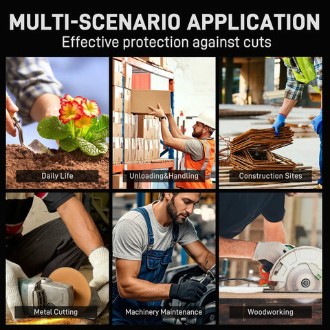 Multi-scenario use of cut-resistant gloves in gardening, unloading, construction, metal cutting, machinery, and woodworking.