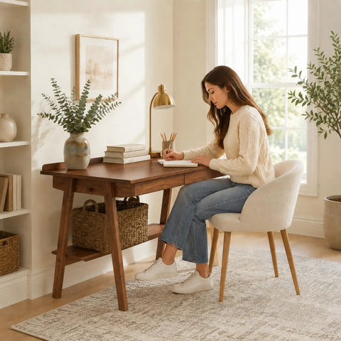 Score This Legit 47 Inch Solid Wood Writing Desk With Warm Walnut Finish spacious desktop and a woman writing at it.