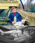 All-In-One Camping Hammock System With Net And Rain Fly in use, showing spacious design, includes adjustable tree straps