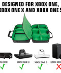 Open Grab And Go Console Carrying Case for Xbox Series S, Xbox One, and Xbox 360 showing green interior compartments