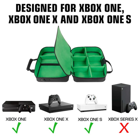 Open Grab And Go Console Carrying Case for Xbox Series S, Xbox One, and Xbox 360 showing green interior compartments