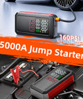 Beast Jump Starter With Air Compressor 160 PSI For Cars 7.0L Gas And 6.0L Diesel, shown with jump cables and tire inflator.