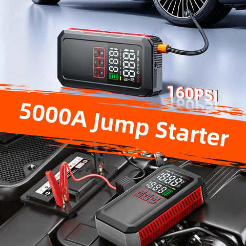 Beast Jump Starter With Air Compressor 160 PSI For Cars 7.0L Gas And 6.0L Diesel, shown with jump cables and tire inflator.