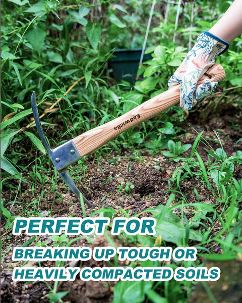 2 In 1 Garden Axe And Hoe Tool With Hardwood Handle 15 Inch Steel Head shown being used for trenching in garden soil