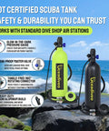 DOT Certified 1.9L Scuba Tank Pony Bottle for Snorkeling and Boat Cleaning, product features and uses displayed on beach background