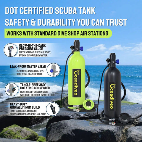 DOT Certified 1.9L Scuba Tank Pony Bottle for Snorkeling and Boat Cleaning, product features and uses displayed on beach background